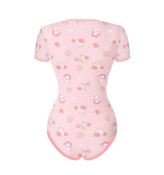 Landofgenie ABDL Onesie Womens Cotton Bodysuit - Strawberry Cow - landofgenie