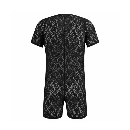 Landofgenie Men Lace Fabric Bodysuit Snap Crotch - Rose Lce Black - landofgenie