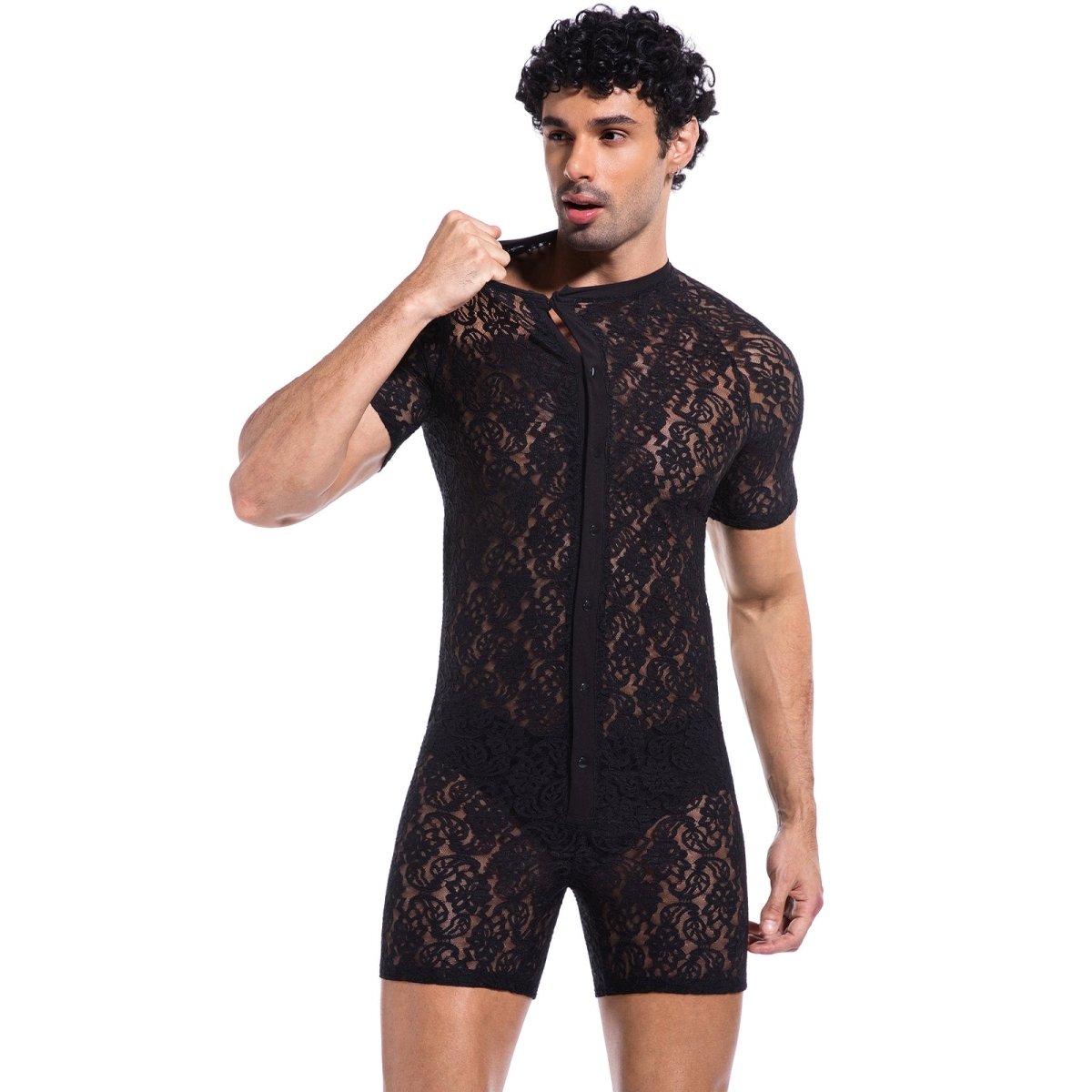 Landofgenie Men Lace Fabric Bodysuit Snap Crotch - Rose Lce Black - landofgenie