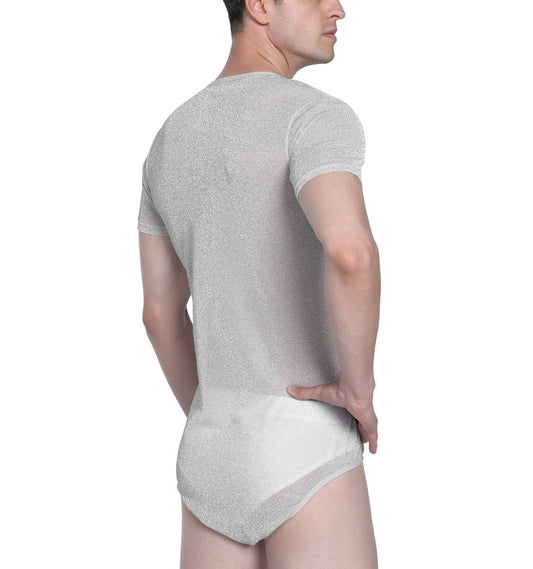 Landofgenie Men Shiny Mesh Onesie Snap Crotch Romper - Gray - landofgenie