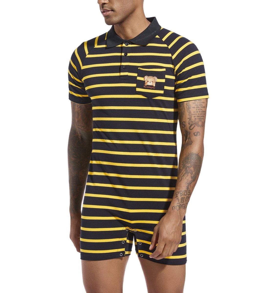 Landofgenie Men Short Sleeve Romper One Piece Pajamas - Black Bear - landofgenie