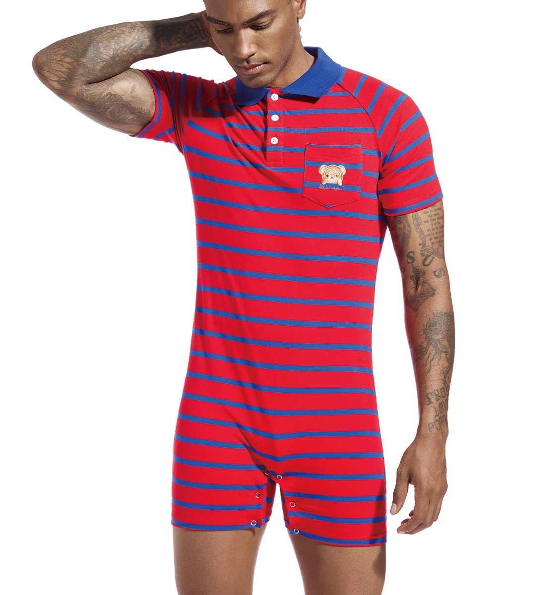 Landofgenie Men Short Sleeve Romper One Piece Pajamas - Red Bear - landofgenie