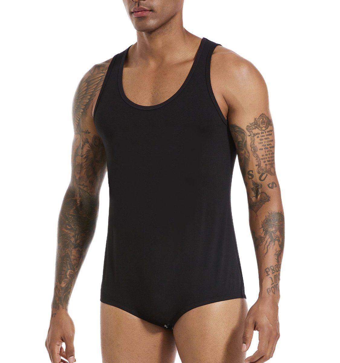 Landofgenie Mens Cotton Sleeveless Basic Bodysuit- Black - landofgenie