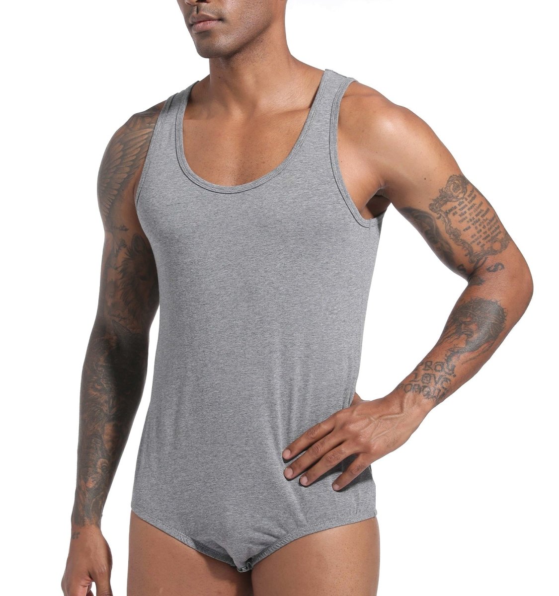 Landofgenie Mens Cotton Sleeveless Basic Bodysuit- Gray - landofgenie