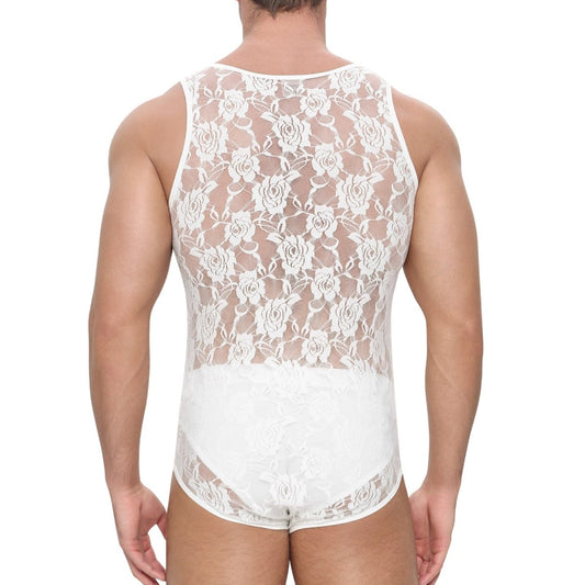 Landofgenie Mens Mesh Sleeveless Bodysuit - Follower Lace White - landofgenie