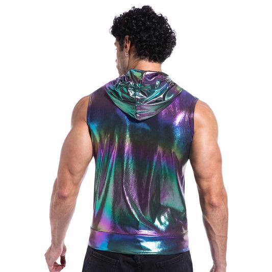 Landofgenie Mens Shiny Metallic Zip Up Sleeveless Hooded Vest T Shirt - Black - landofgenie