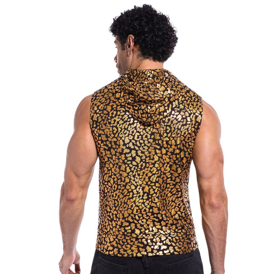 Landofgenie Mens Shiny Metallic Zip Up Sleeveless Hooded Vest T Shirt - Golden leopard - landofgenie