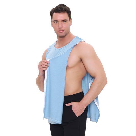 Landofgenie Mens Shoulder Snap - Access Tank Tops Post Surgery Shirts - Blue - landofgenie