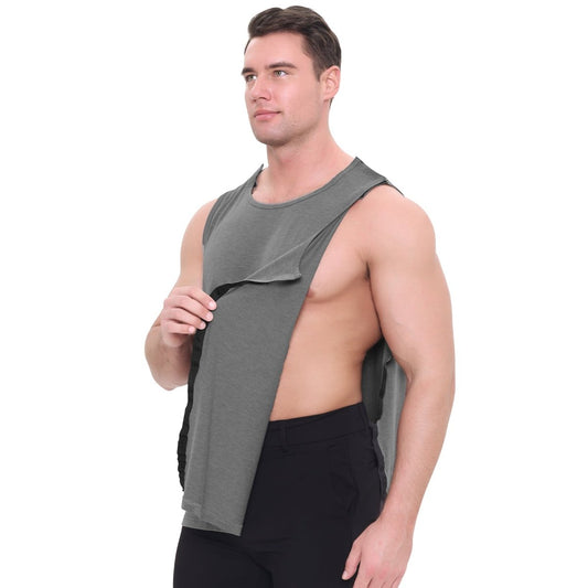 Landofgenie Mens Shoulder Snap - Access Tank Tops Post Surgery Shirts - Grey - landofgenie