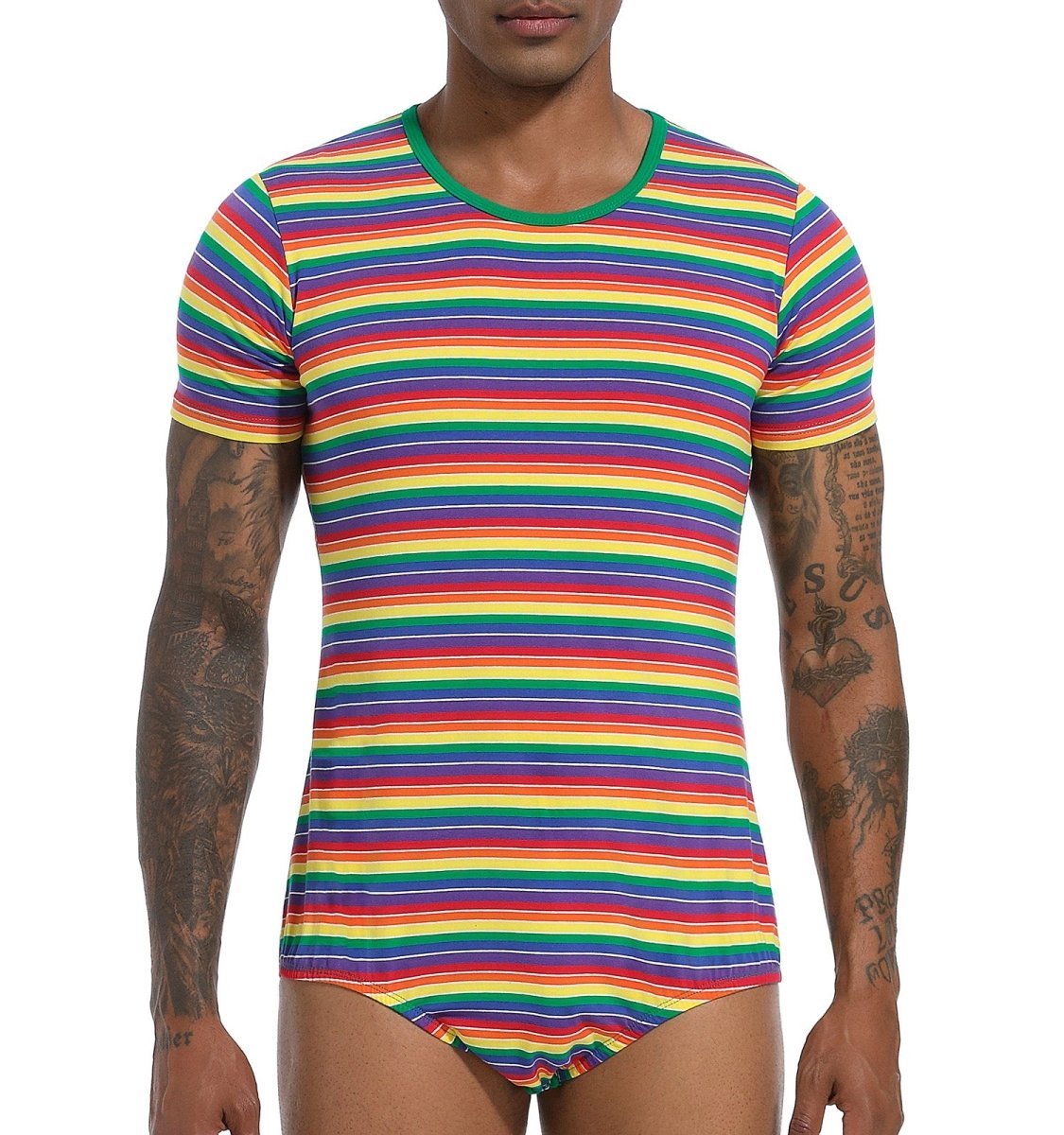 Landofgenie Mens Striped Onesie Short Sleeve Bodysuit Rainbow stripe - Stripe Maker - landofgenie