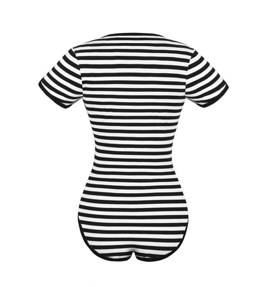 Landofgenie Cotton Women Onesie -Black & White Stripe Girl - landofgenie