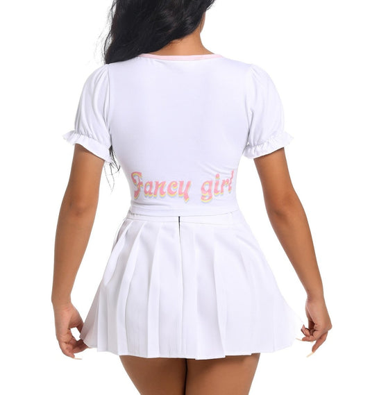 Landofgenie Fancy Girl Crop Top Puff Sleeve Scoop Neck Shirt Skirt Set - landofgenie