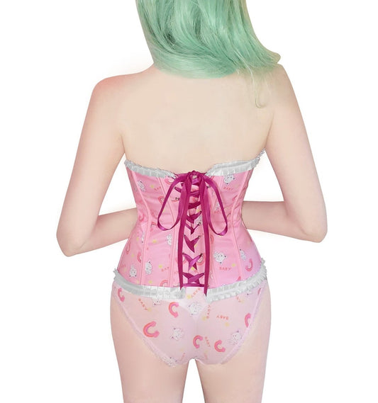 Landofgenie Women's Lace Up Boned Overbust Corset Bustier Bodyshaper Top - Rainbow Cats - landofgenie