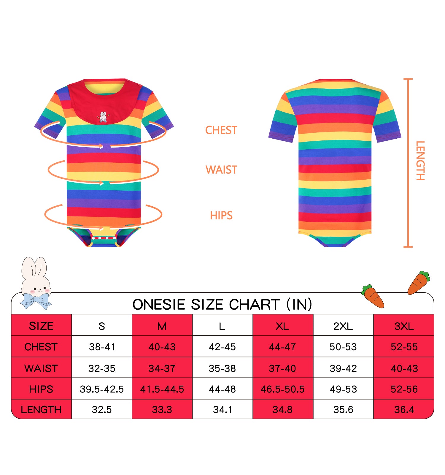 Landofgenie Mens Striped Onesie with bibs - Rainbow Bunny