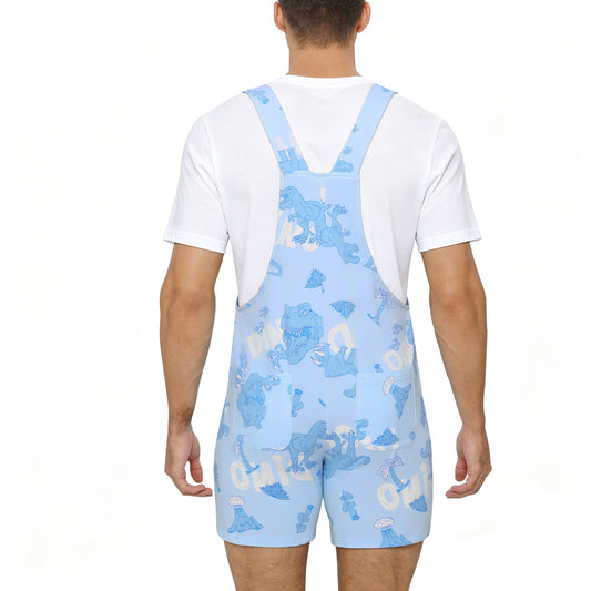 Landofgenie Adult Print Bib Shorts with Pocket - Blue Dinosaur