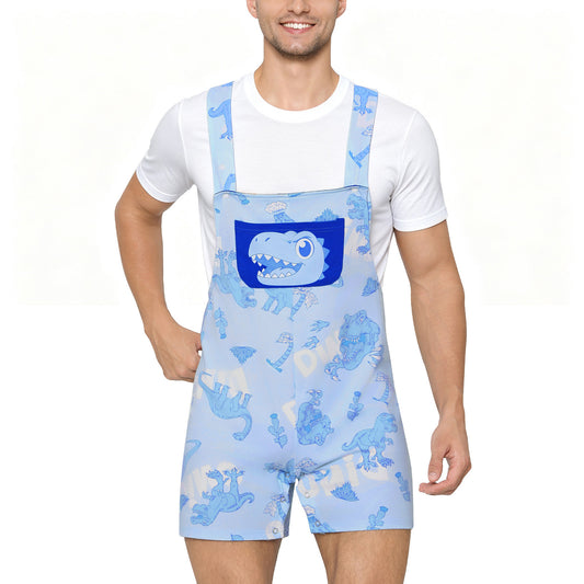 Landofgenie Adult Print Bib Shorts with Pocket - Blue Dinosaur