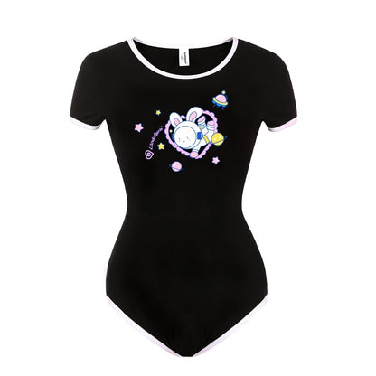 Landofgenie ABDL Onesie Womens Cotton Bodysuit - Black Astronaut Bunny - landofgenie