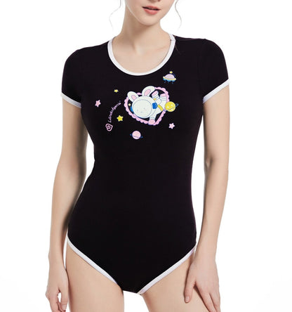 Landofgenie ABDL Onesie Womens Cotton Bodysuit - Black Astronaut Bunny - landofgenie