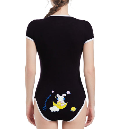 Landofgenie ABDL Onesie Womens Cotton Bodysuit - Black Astronaut Bunny - landofgenie