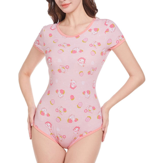 Landofgenie ABDL Onesie Womens Cotton Bodysuit - Stawberry Cow - landofgenie