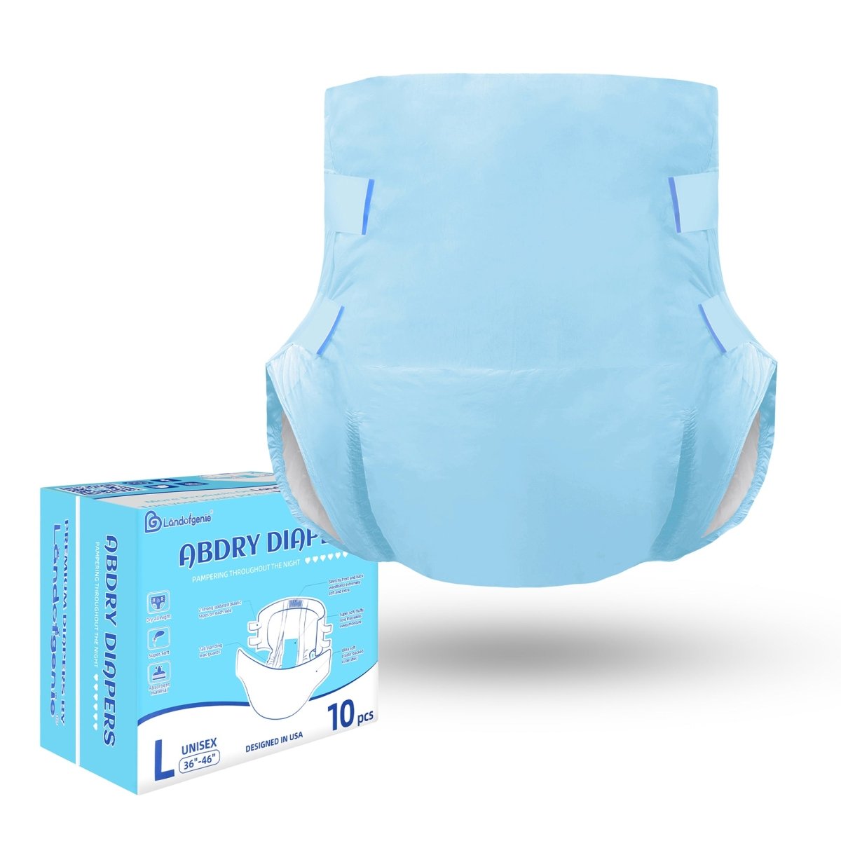 Landofgenie Adult ABDL Diapers Overnight Adult Diapers With 10 Pieces - Blue - landofgenie