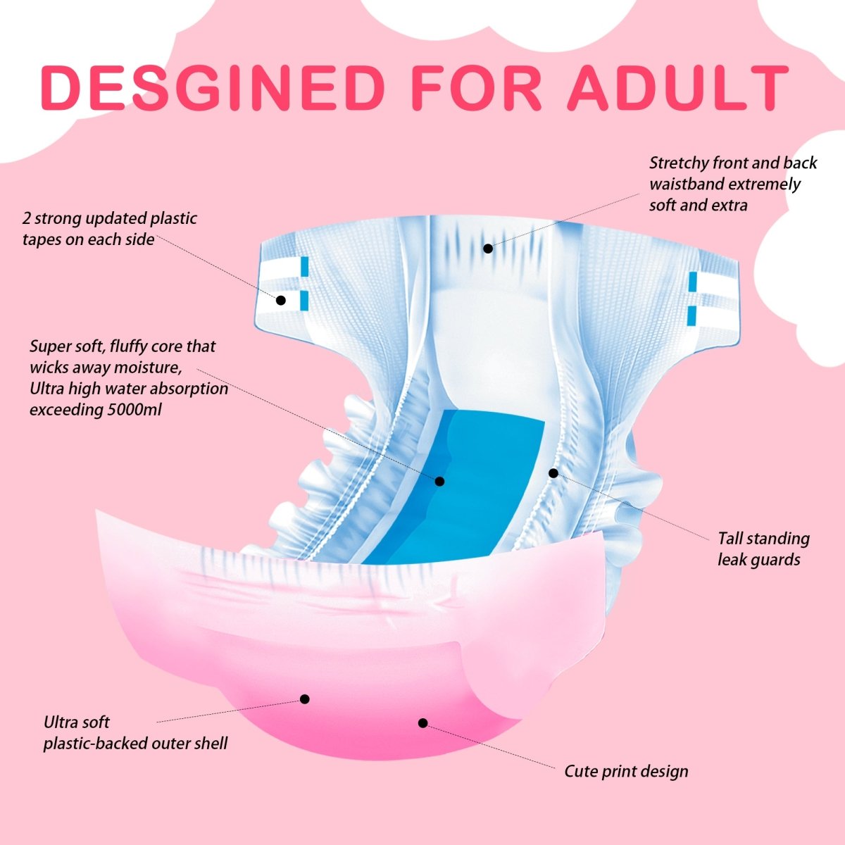 Landofgenie Adult ABDL Diapers Overnight Adult Diapers With 10 Pieces - Pink - landofgenie