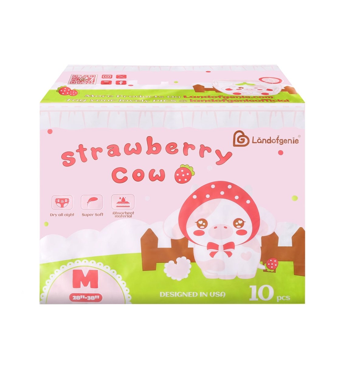 Landofgenie Adult ABDL Diapers Overnight Adult Diapers With 10 Pieces - Strawberry Cow - landofgenie