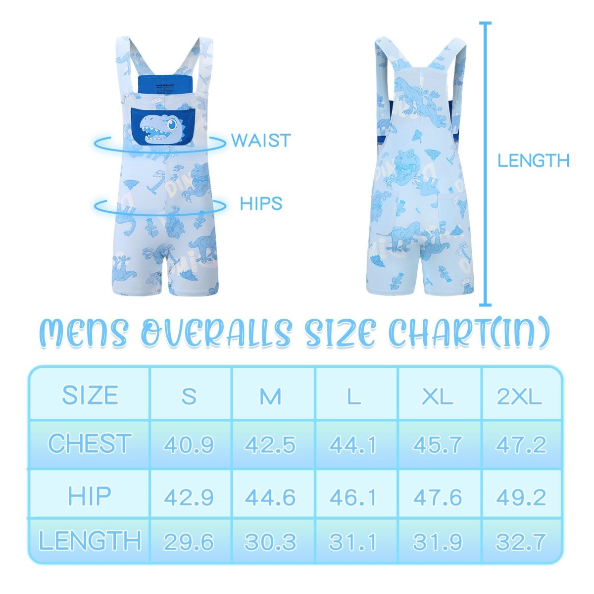 Landofgenie Adult Print Bib Shorts with Pocket - Blue Dinosaur - landofgenie