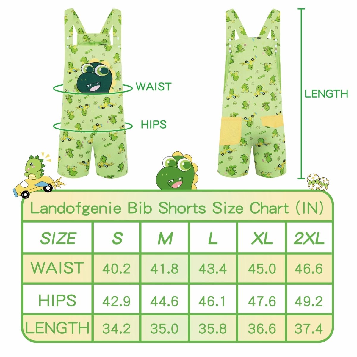 Landofgenie Adult Print Bib Shorts with Pocket - Dinosaur Rudy - landofgenie