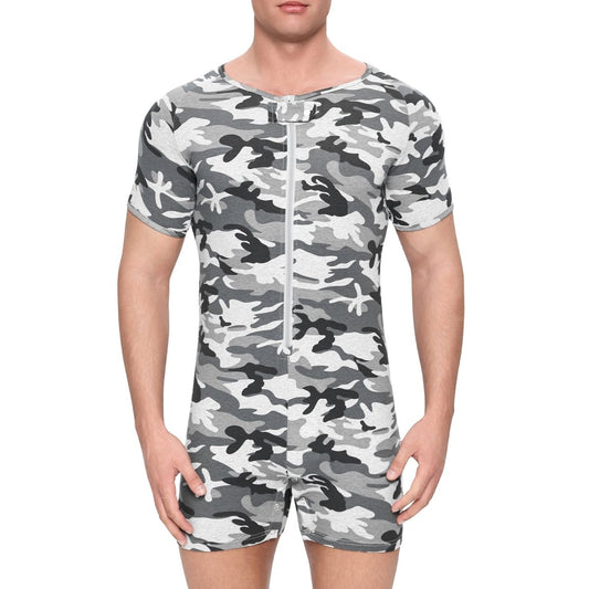 Landofgenie Men Camouflage Bodyuit with Zipper - Camo Grey - landofgenie
