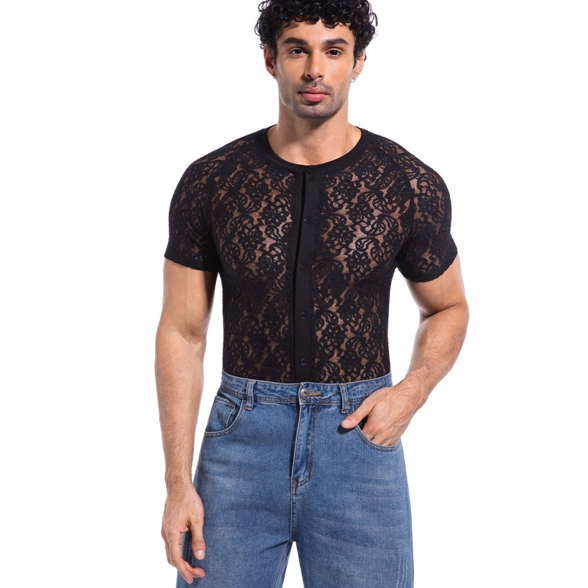 Landofgenie Men Lace Fabric Bodysuit Snap Crotch - Rose Lce Black - landofgenie