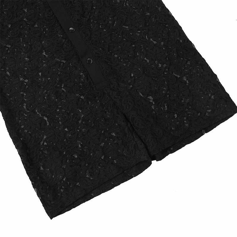 Landofgenie Men Lace Fabric Bodysuit Snap Crotch - Rose Lce Black - landofgenie