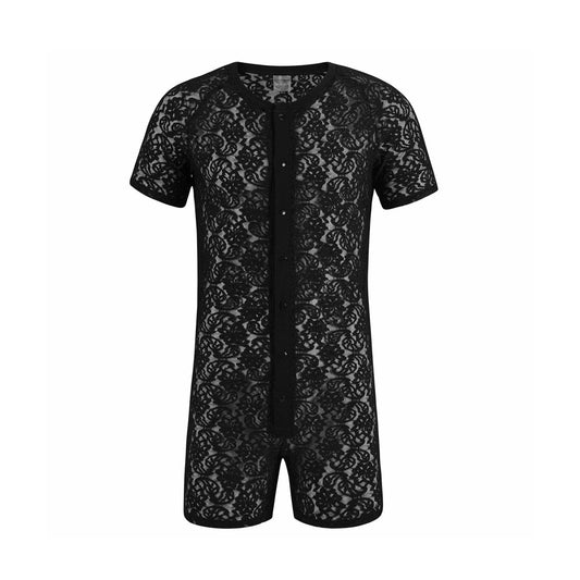 Landofgenie Men Lace Fabric Bodysuit Snap Crotch - Rose Lce Black - landofgenie