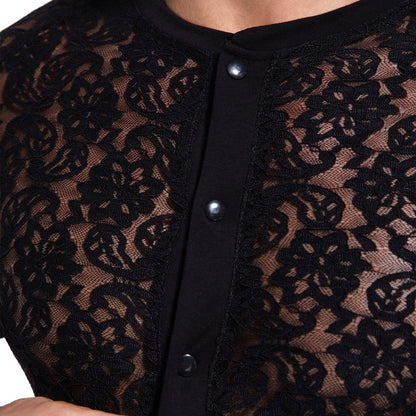 Landofgenie Men Lace Fabric Bodysuit Snap Crotch - Rose Lce Black - landofgenie