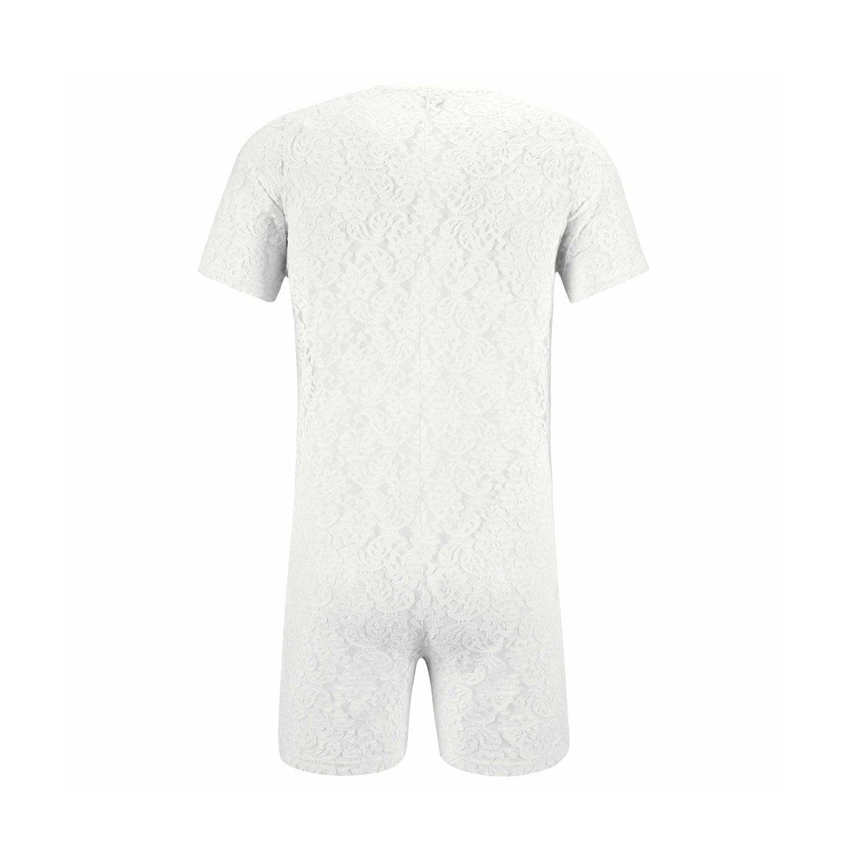 Landofgenie Men Lace Fabric Bodysuit Snap Crotch - Rose Lce White - landofgenie