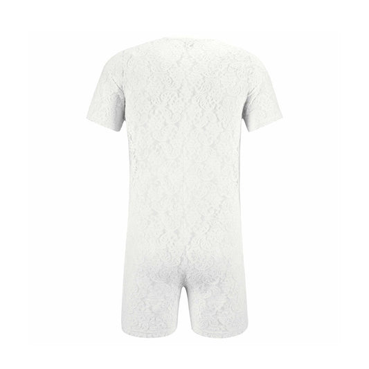 Landofgenie Men Lace Fabric Bodysuit Snap Crotch - Rose Lce White - landofgenie