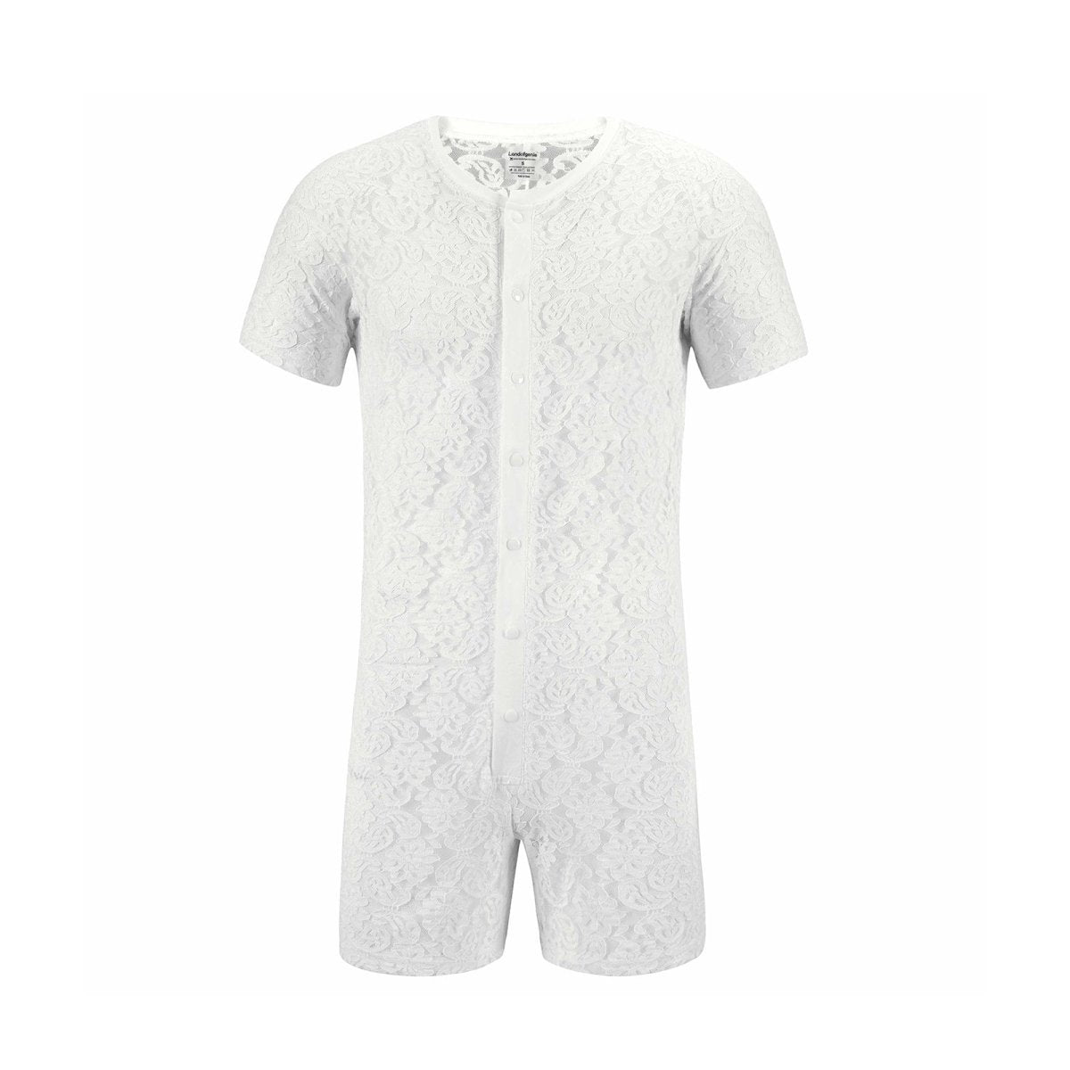 Landofgenie Men Lace Fabric Bodysuit Snap Crotch - Rose Lce White - landofgenie