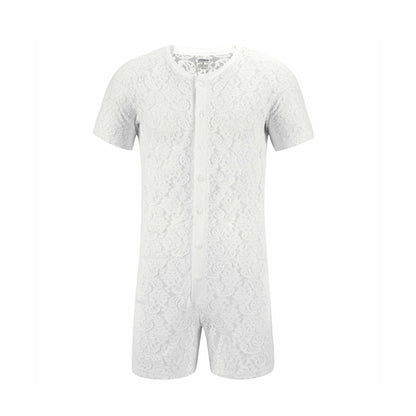 Landofgenie Men Lace Fabric Bodysuit Snap Crotch - Rose Lce White - landofgenie