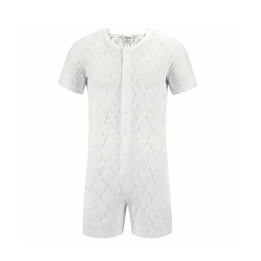 Landofgenie Men Lace Fabric Bodysuit Snap Crotch - Rose Lce White - landofgenie