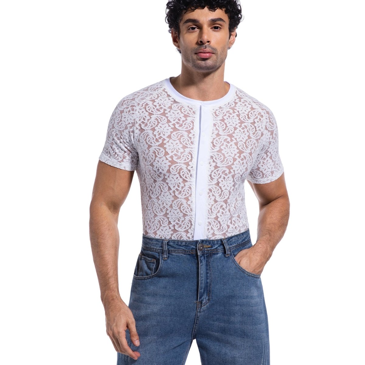 Landofgenie Men Lace Fabric Bodysuit Snap Crotch - Rose Lce White - landofgenie