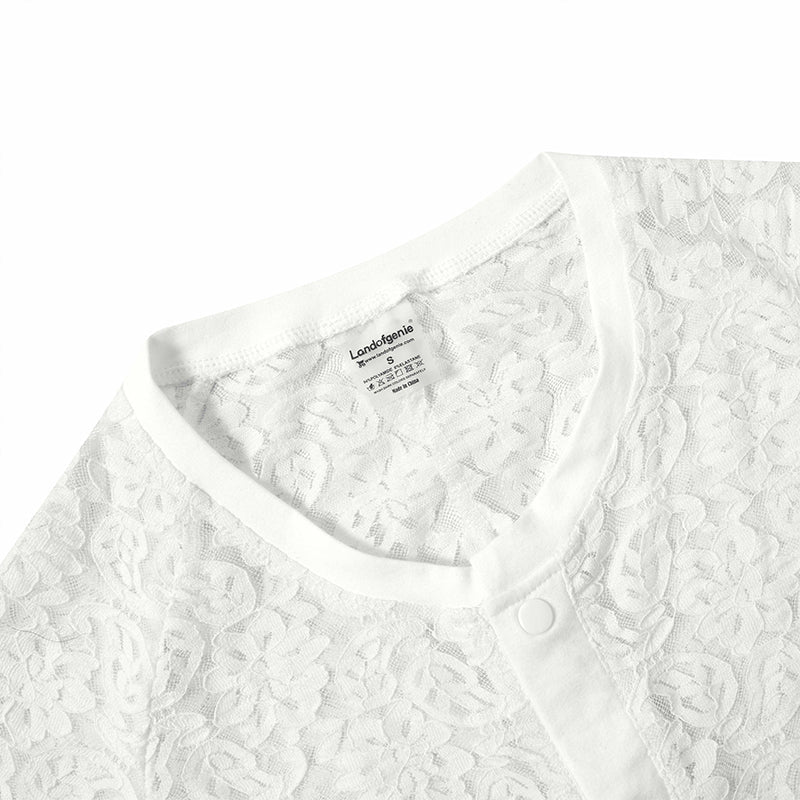 Landofgenie Men Lace Fabric Bodysuit Snap Crotch - Rose Lce White - landofgenie