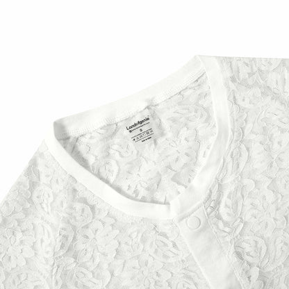 Landofgenie Men Lace Fabric Bodysuit Snap Crotch - Rose Lce White - landofgenie