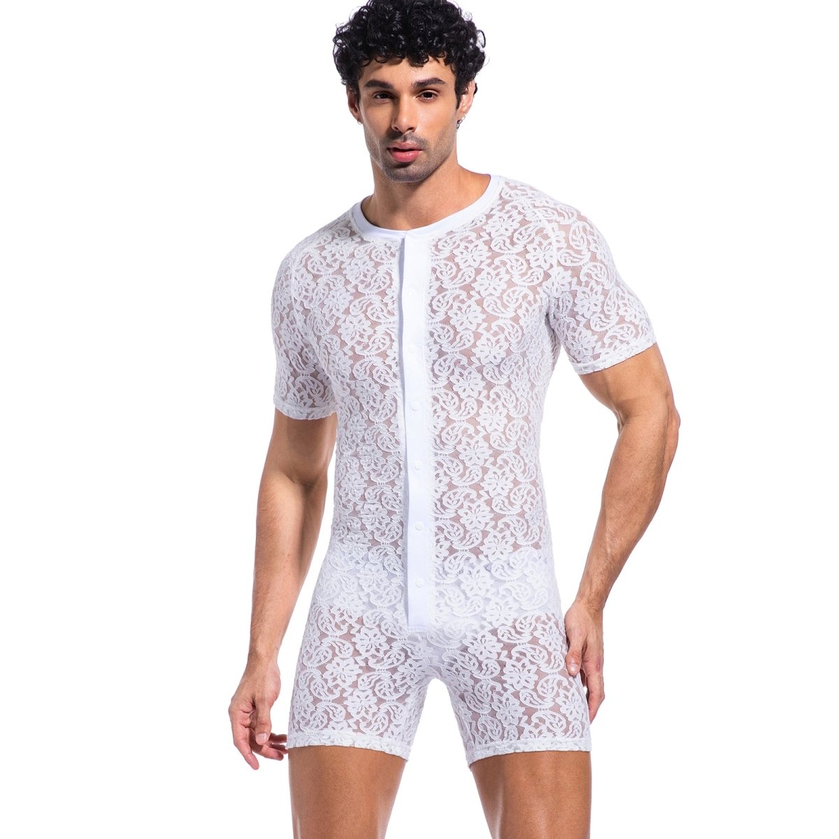 Landofgenie Men Lace Fabric Bodysuit Snap Crotch - Rose Lce White - landofgenie