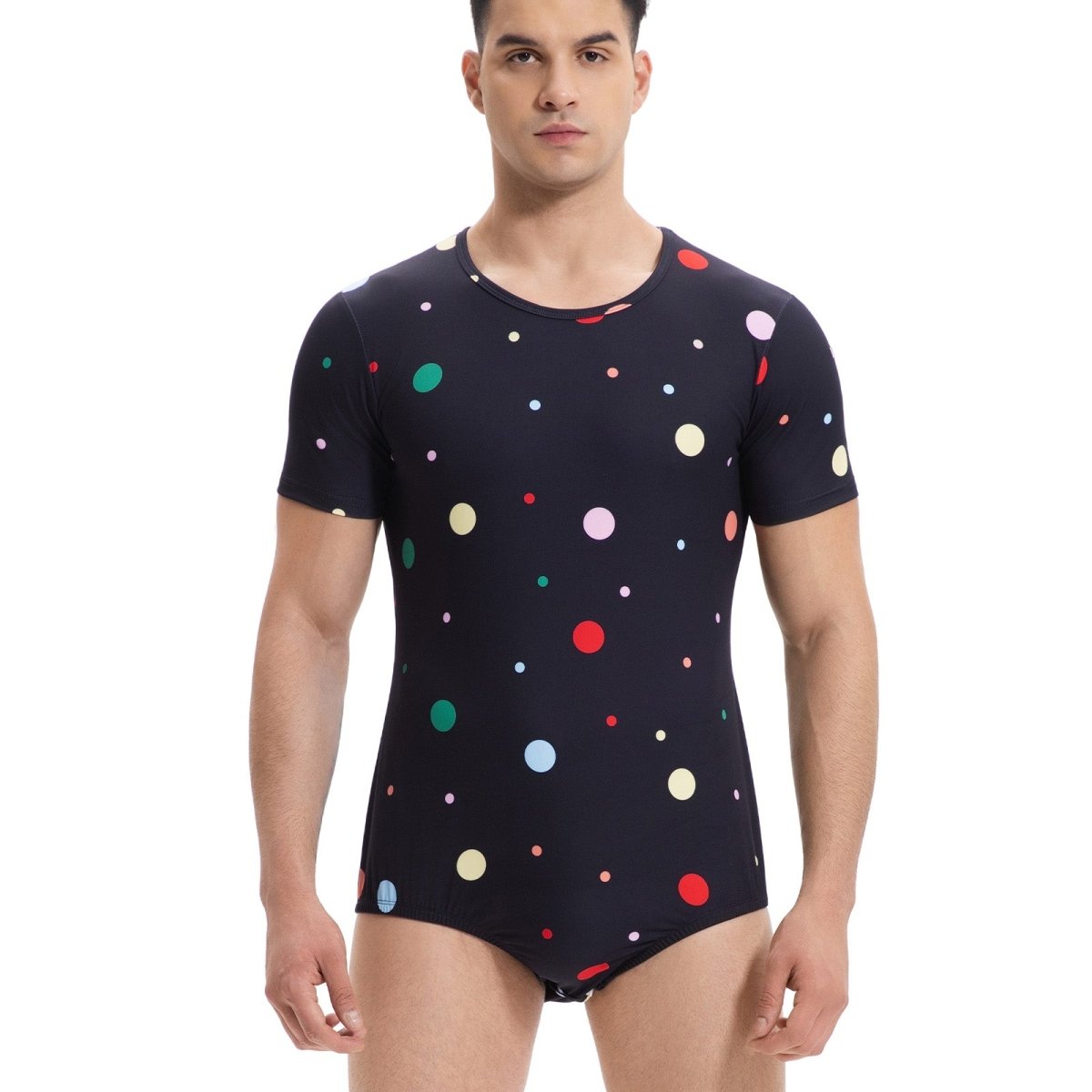 Landofgenie Men Print Onesie Snap Crotch - Black Polka dot - landofgenie