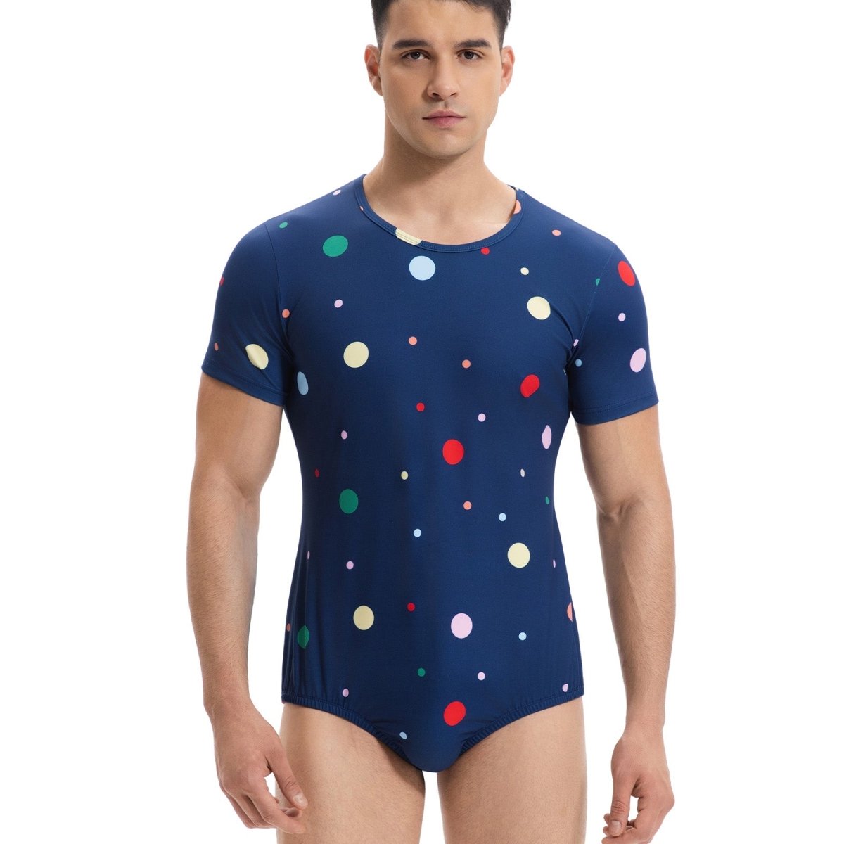 Landofgenie Men Print Onesie Snap Crotch - Navy Polka dot - landofgenie