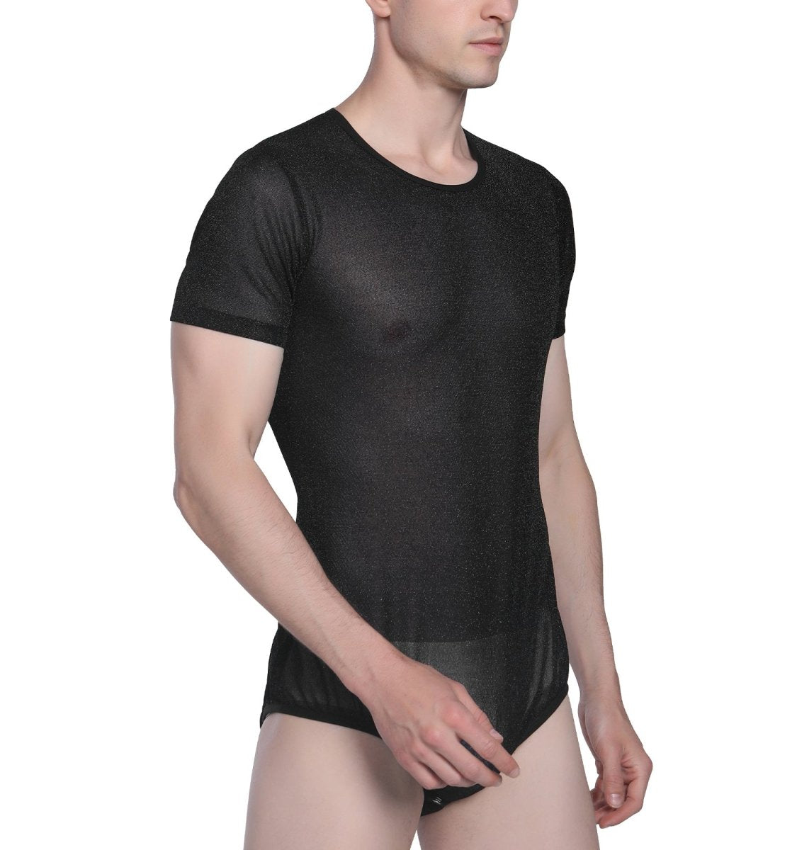 Landofgenie Men Shiny Mesh Onesie Snap Crotch Romper - Black - landofgenie