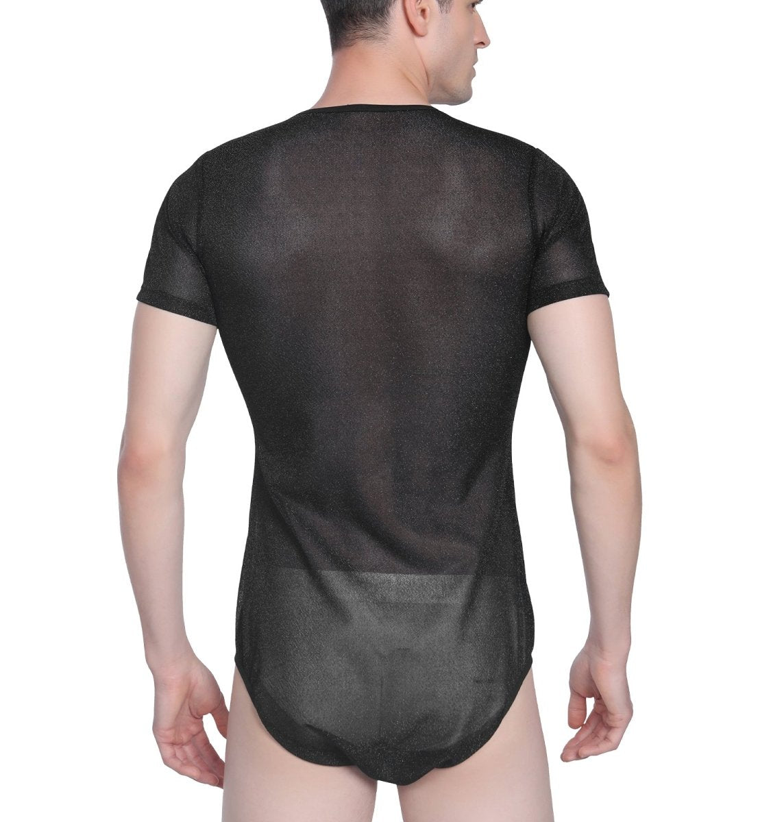 Landofgenie Men Shiny Mesh Onesie Snap Crotch Romper - Black - landofgenie