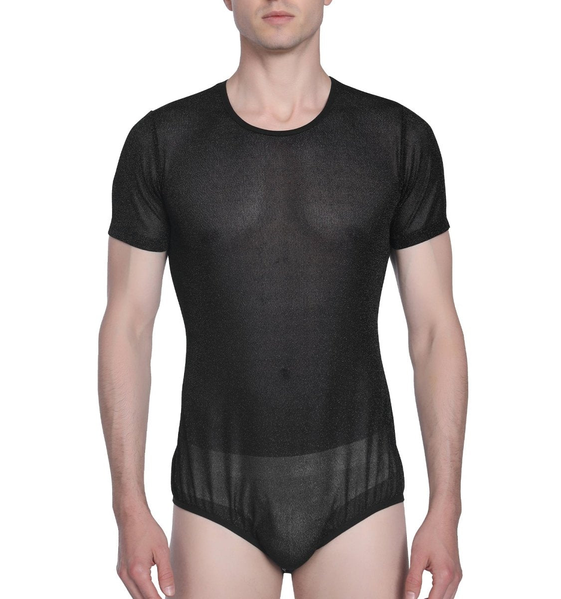 Landofgenie Men Shiny Mesh Onesie Snap Crotch Romper - Black - landofgenie