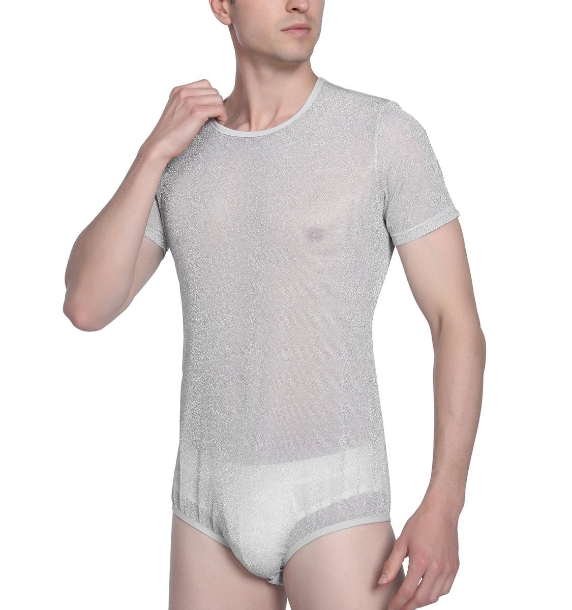Landofgenie Men Shiny Mesh Onesie Snap Crotch Romper - Gray - landofgenie