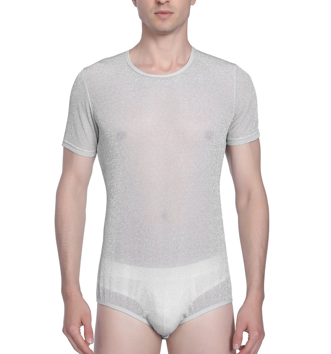 Landofgenie Men Shiny Mesh Onesie Snap Crotch Romper - Gray - landofgenie